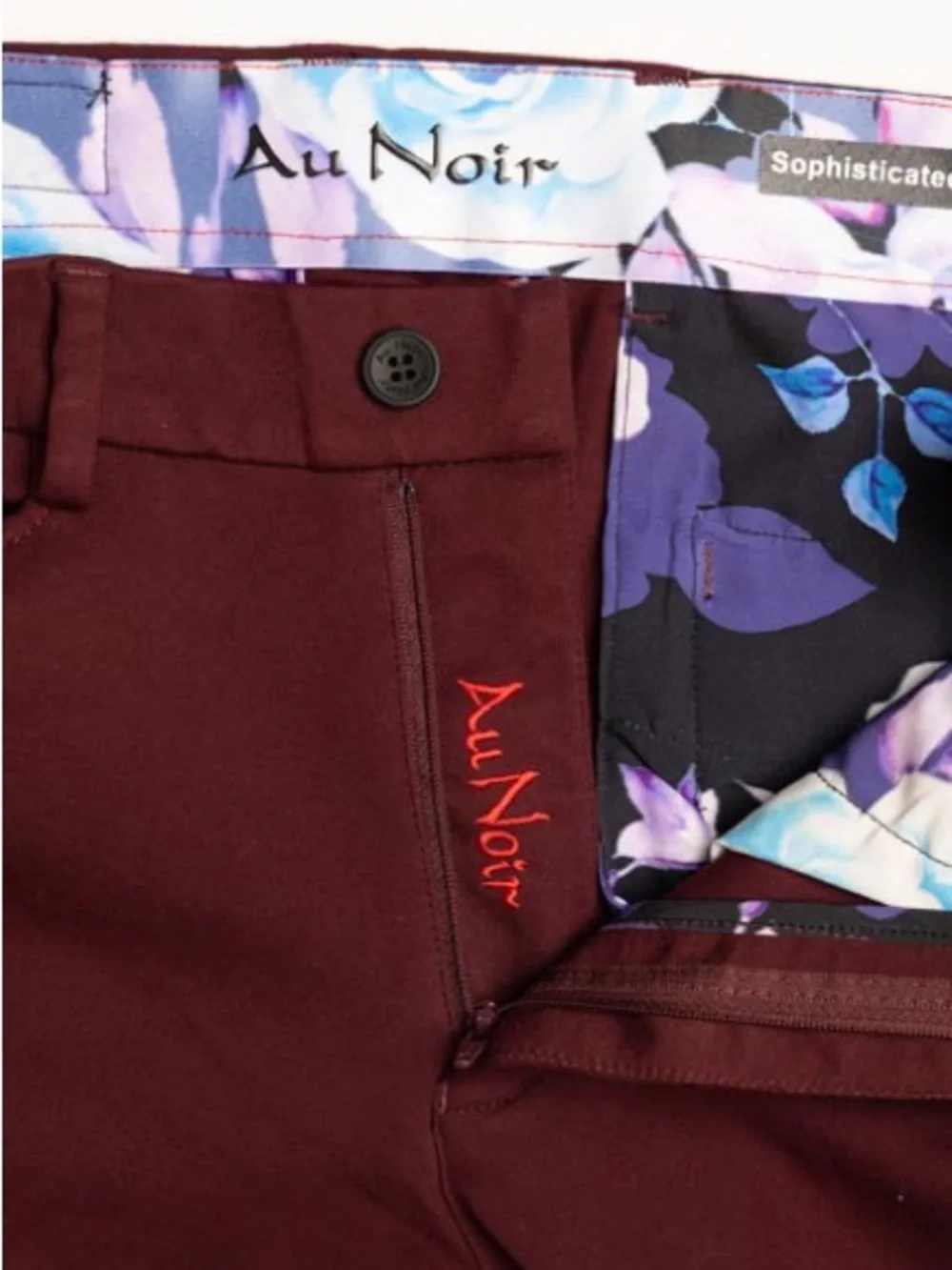 Au Noir Sophisticated Chino Pants Mens 30 Burgundy Wine Stretch Floral Trim 1001